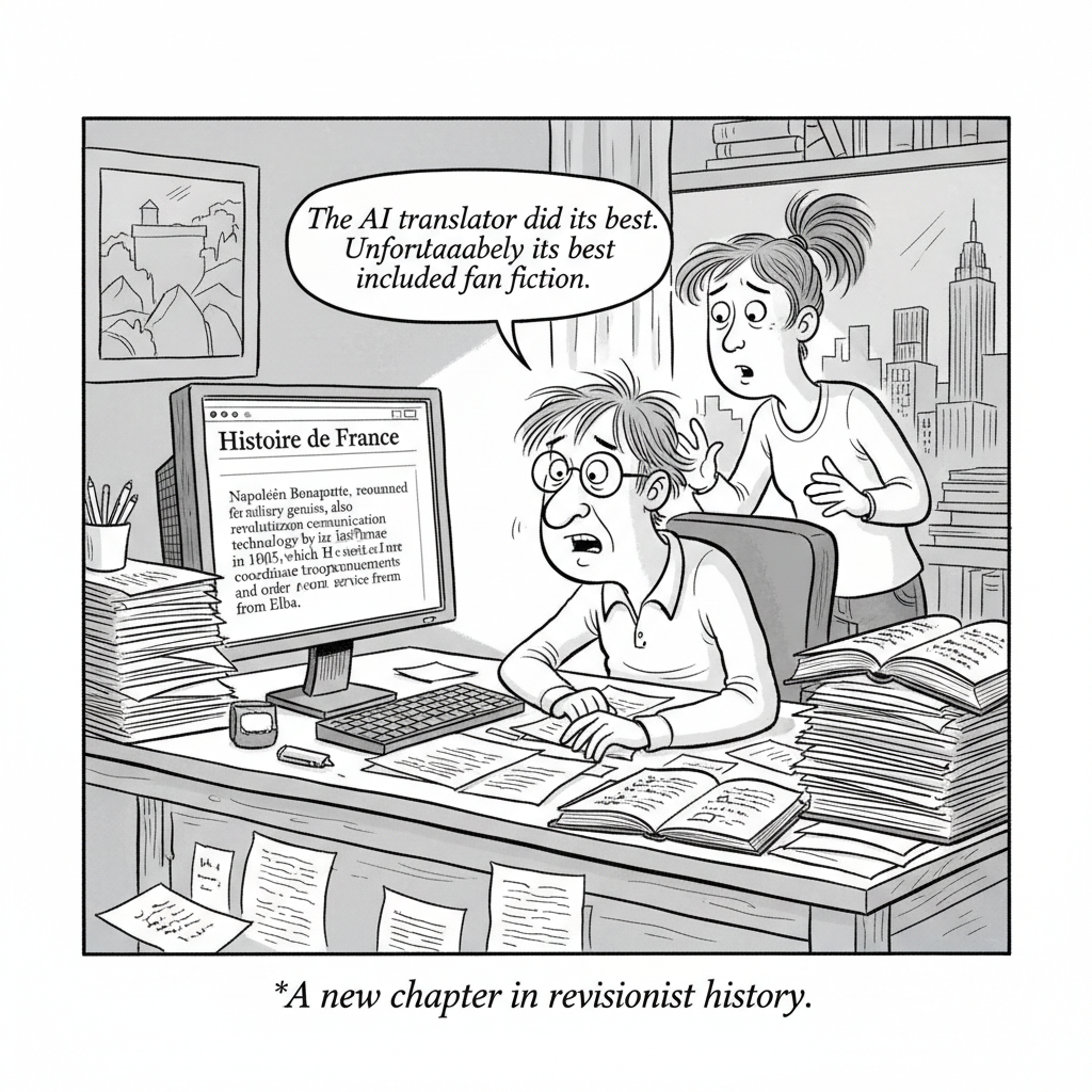 New Yorker-style cartoon: A Wikipedia editor stares at a screen showing an article about France that claims Napoleon invented the iPhone. A second editor leans over saying: The AI translator did its best. Unfortunately its best included fan fiction.