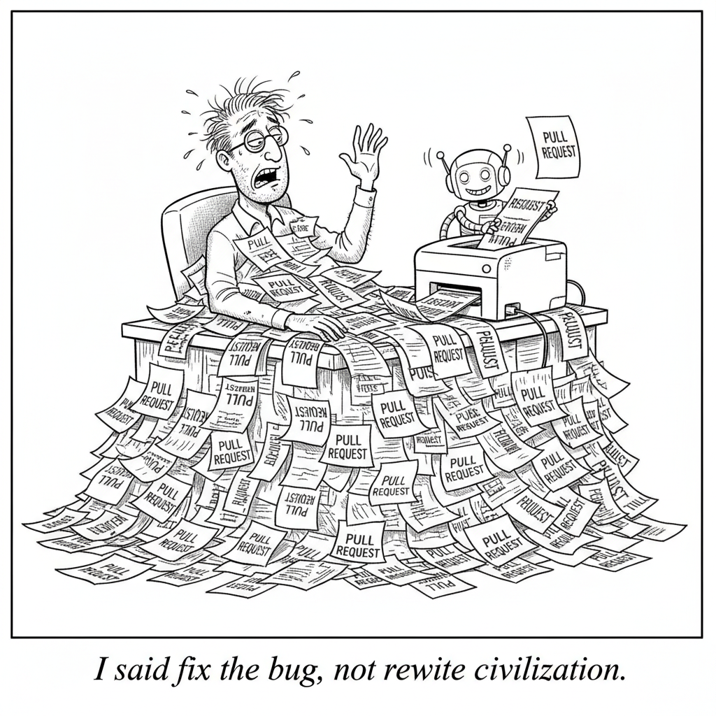 New Yorker-style cartoon: A developer drowning in an avalanche of pull requests while a cheerful robot keeps printing more. Caption: I said fix the bug, not rewrite civilization.
