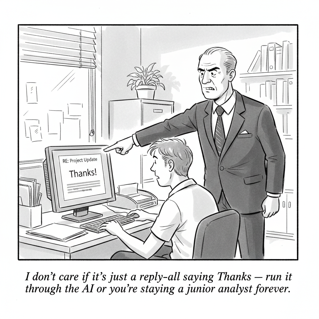New Yorker-style cartoon: A stern boss points at an employee's screen showing a simple 'Thanks!' email. Caption: I don't care if it's just a reply-all saying Thanks — run it through the AI or you're staying a junior analyst forever.