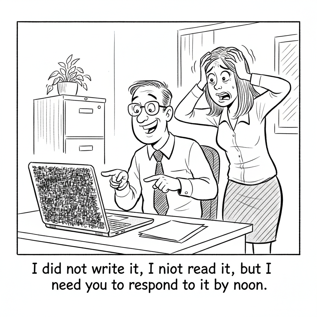 New Yorker-style cartoon: An office worker showing a laptop full of dense AI text to a horrified colleague. Caption: I did not write it, I did not read it, but I need you to respond to it by noon.