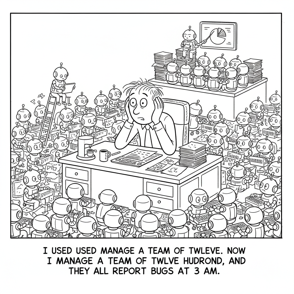 New Yorker-style cartoon: A frazzled manager sits at a desk surrounded by hundreds of small robots. Caption reads: I used to manage a team of twelve. Now I manage a team of twelve hundred, and they all report bugs at 3 AM.
