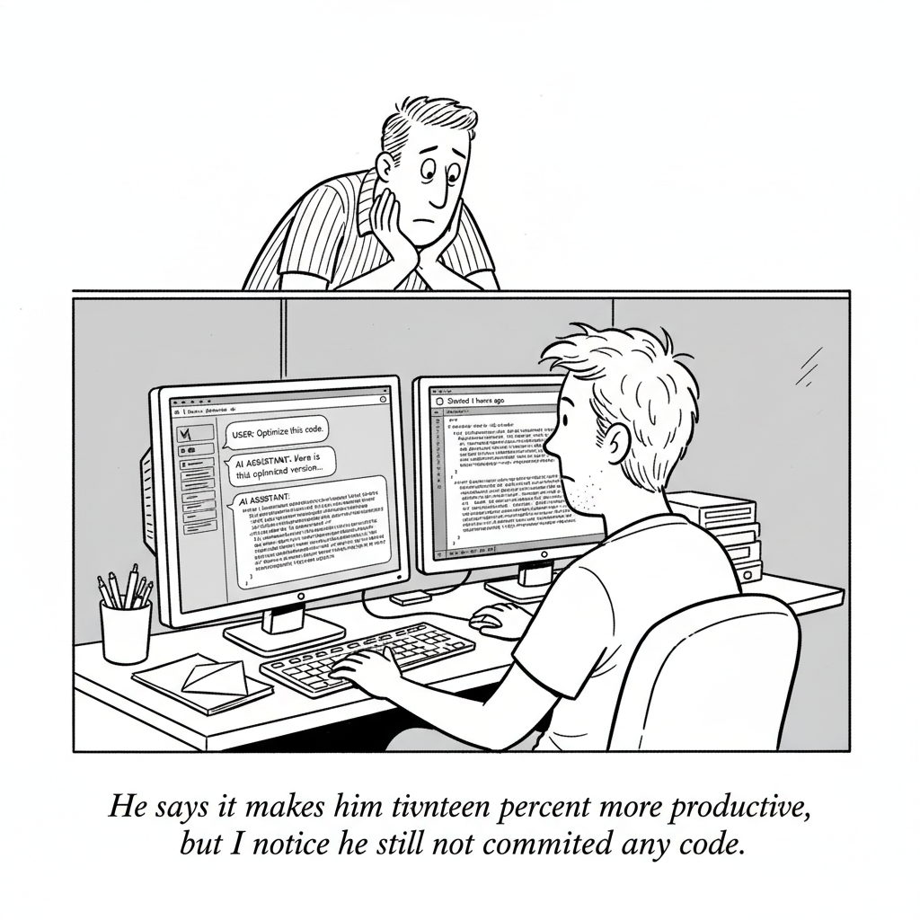 New Yorker-style cartoon of a software developer sitting at a desk with two monitors -- one showing an AI chat conversation, the other showing unchanged code. A coworker leans over the cubicle wall looking bemused.