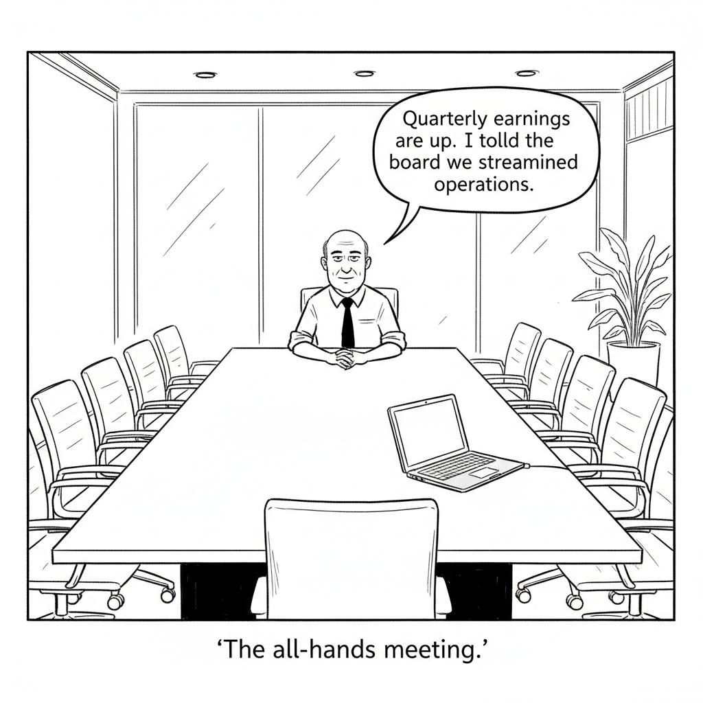 New Yorker-style cartoon: A CEO sits alone at a large empty boardroom table, addressing a single laptop at the far end. Caption: The all-hands meeting.