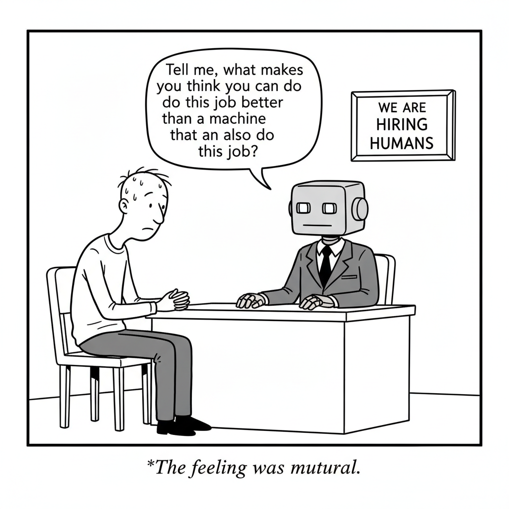 New Yorker-style cartoon: A robot interviewer asks a nervous human applicant, Tell me, what makes you think you can do this job better than a machine that can also do this job? A sign on the wall reads WE ARE HIRING HUMANS.