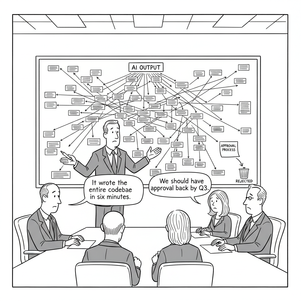 New Yorker-style cartoon: A conference room where a man presents an enormous AI OUTPUT flowchart while a tiny APPROVAL PROCESS sticky note sits by a trash can. Caption: It wrote the entire codebase in six minutes. We should have the approval back by Q3.