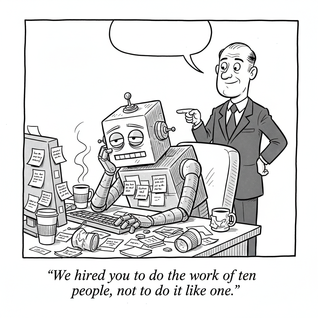New Yorker-style cartoon: A tired, sticky-note-covered robot sits at a cluttered office desk while its human boss points accusingly. Caption: We hired you to do the work of ten people, not to do it like one.