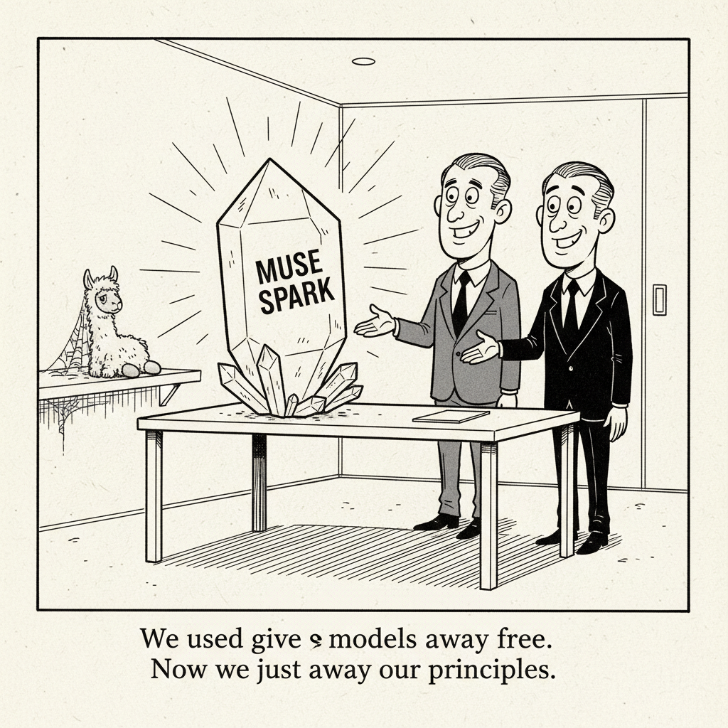 New Yorker-style cartoon showing Meta executives admiring a Muse Spark crystal while a dusty Llama toy sits forgotten