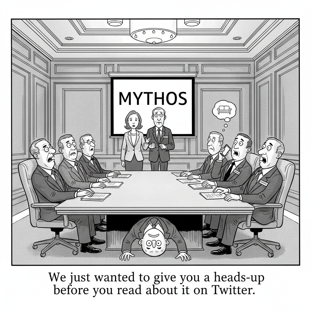 New Yorker-style black and white cartoon of a bank boardroom. Two government officials stand at the front presenting beside a screen that reads MYTHOS. Around the conference table, bank CEOs react with visible alarm: one hides under the table, another clutches his chest, a third is on the phone. Caption: We just wanted to give you a heads-up before you read about it on Twitter.