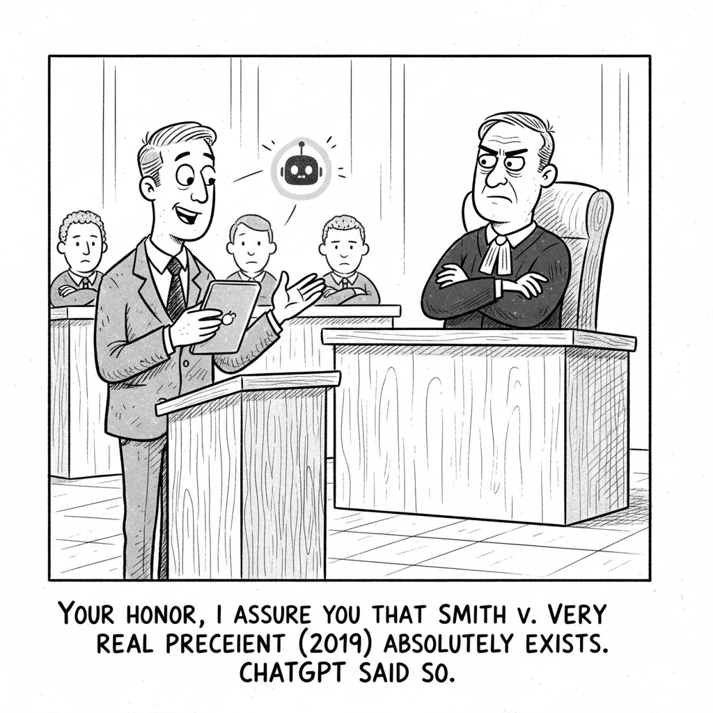 New Yorker-style cartoon: a lawyer confidently citing a fake case to a skeptical judge while an AI assistant hovers nearby.