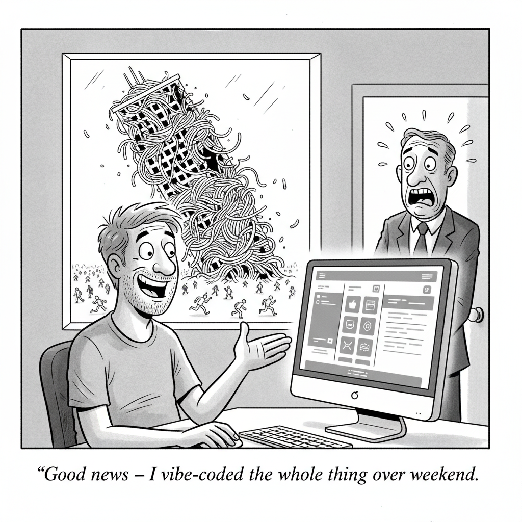A developer sitting at a desk proudly gestures at his monitor showing a polished app interface, while through the office window behind him a massive building made of tangled spaghetti noodles is collapsing with stick figures running away. His boss stands in the doorway looking horrified.
