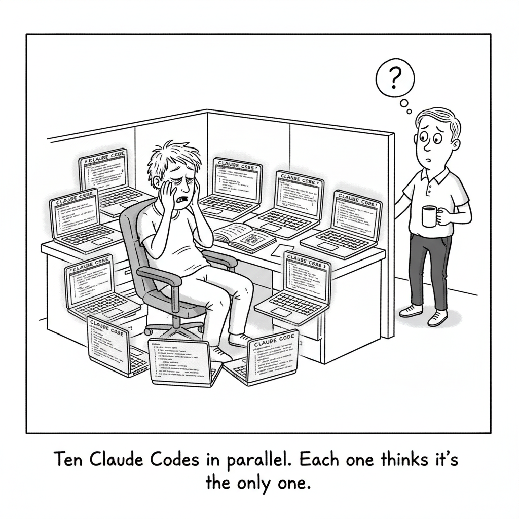 A tired developer at a desk surrounded by ten laptops all running different Claude Code sessions. A coworker looks in, confused. Caption: 'Ten Claude Codes in parallel. Each one thinks it's the only one.'