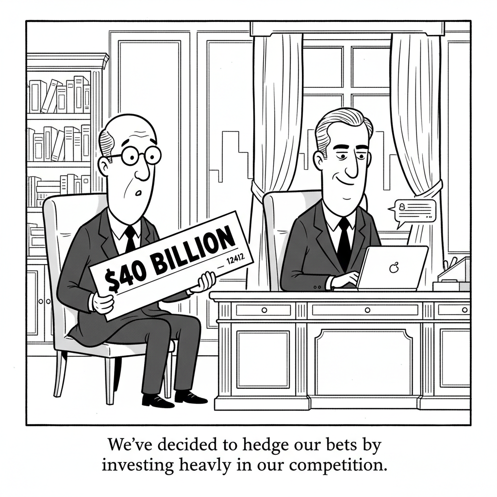 New Yorker style cartoon: two executives in a wood-paneled office. Caption: 'We've decided to hedge our bets by investing heavily in our competition.'