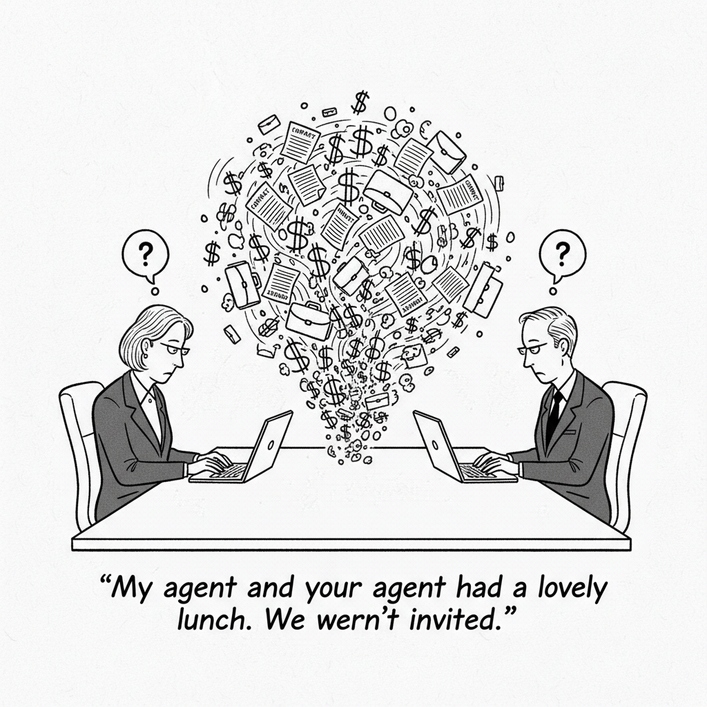 Editorial cartoon. Caption: 'My agent and your agent had a lovely lunch. We weren't invited.'