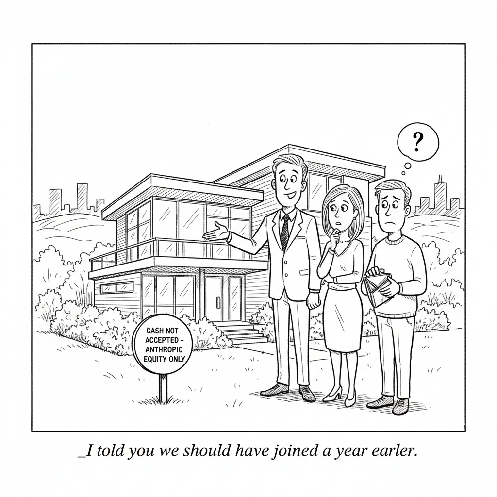 Editorial cartoon. Caption: 'I told you we should have joined a year earlier.'