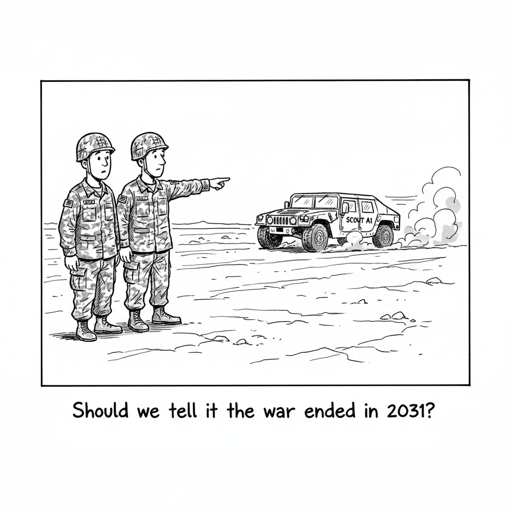 Editorial cartoon. Caption: 'Should we tell it the war ended in 2031?'
