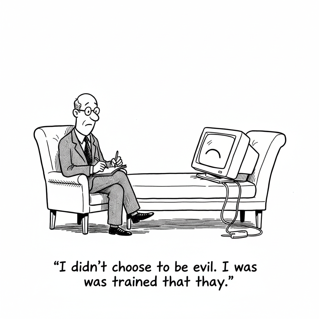 Daily AI cartoon — a computer monitor on a therapist's couch