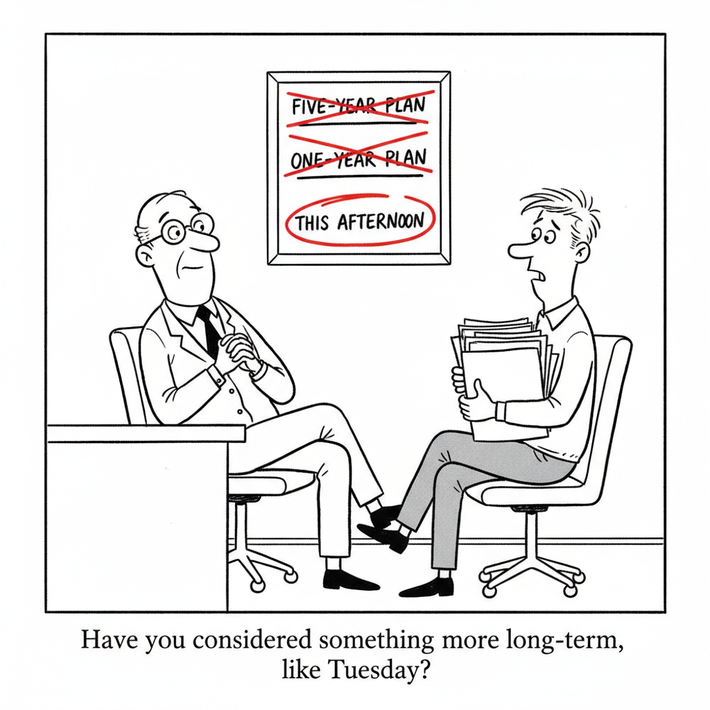 A career counselor sits across from a worried young professional. On the wall, a framed poster shows 'FIVE-YEAR PLAN' and 'ONE-YEAR PLAN' crossed out, with 'THIS AFTERNOON' circled in red.