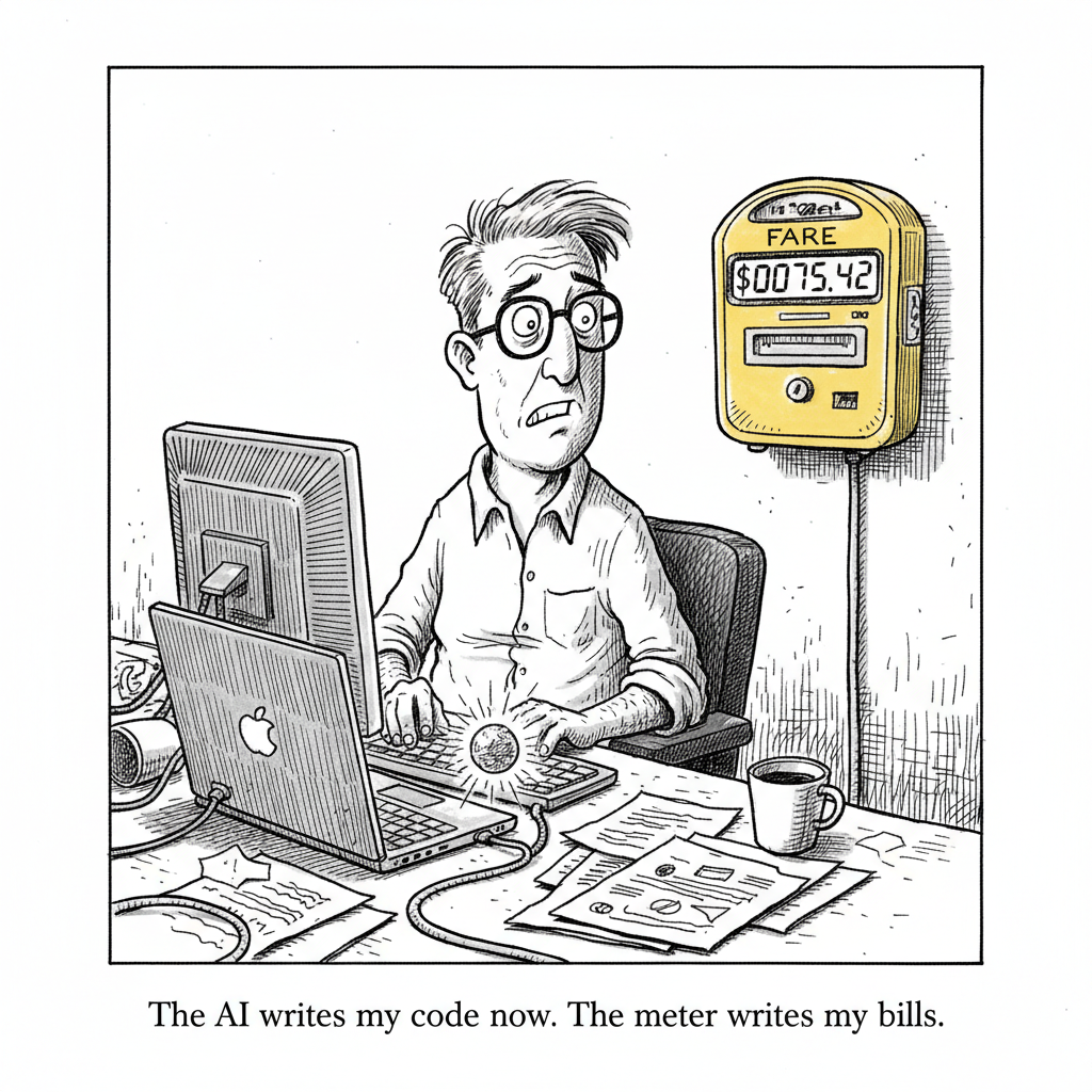 New Yorker-style cartoon: a worried developer at a desk with a taxi-style meter ticking upward beside the monitor. Caption: The AI writes my code now. The meter writes my bills.